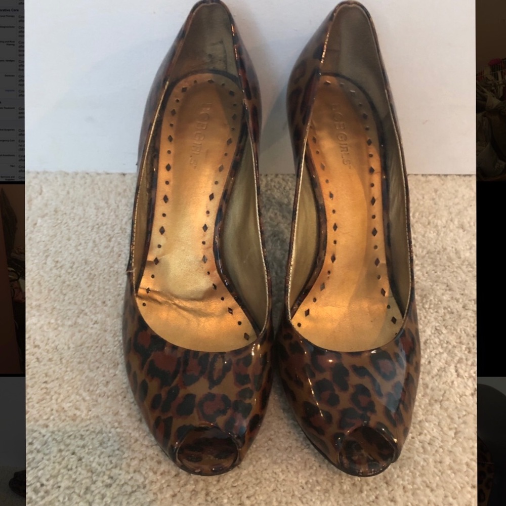 BCBG patent leather peep toe heels